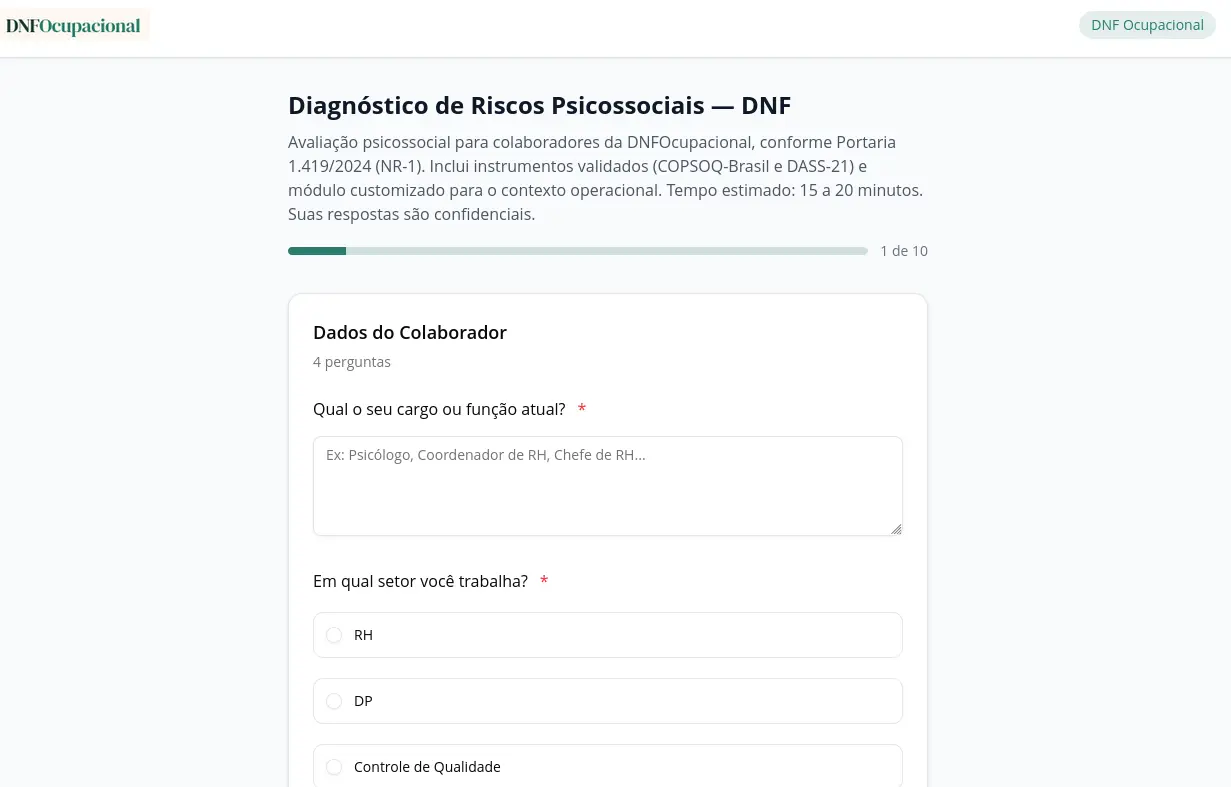 Questionário digital de riscos psicossociais COPSOQ e DASS-21